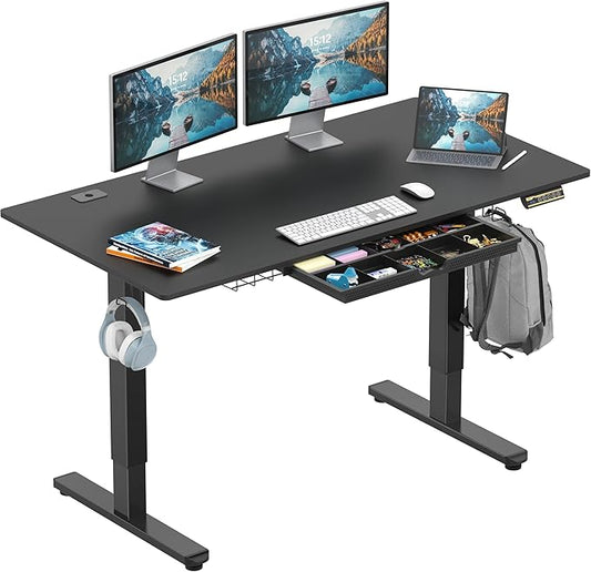 SHW 55 x 28 Inches Electric Height Adjustable Standing Desk with Drawer and Memory Preset, Black