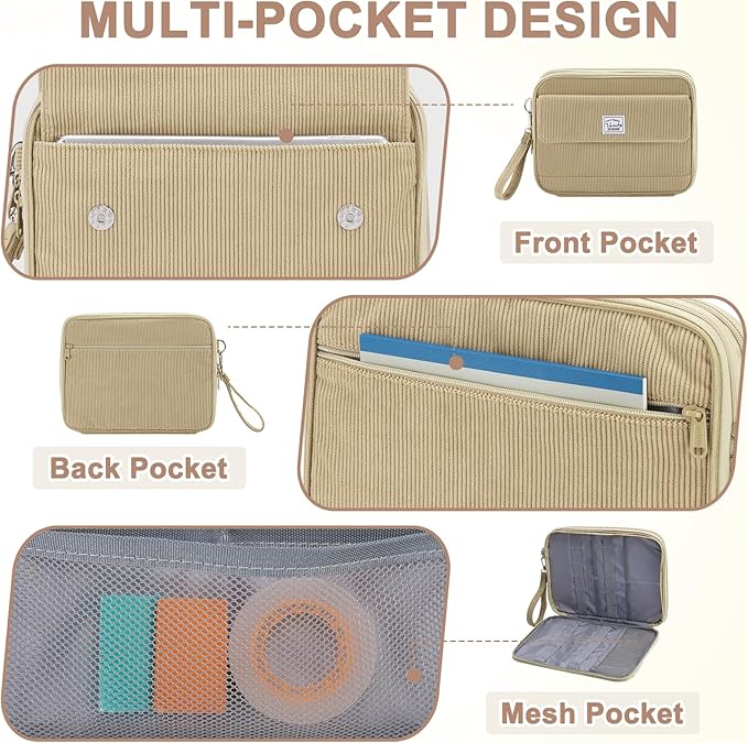 VASCHY Colored Pencil Case, Corduroy Large Pencil Pouch for Art Pens Markers Gel Pens Big Holder Organizer Fits 192 Pencils for Girls Women Camel