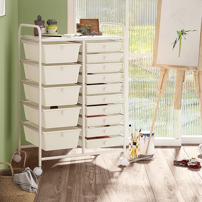 LDAILY 15 Drawer Rolling Storage Cart, Rolling Cart with Drawers for Classroom, Art Supply Craft Organizer on Wheel with Metal Frame & Handles for Home Office School
