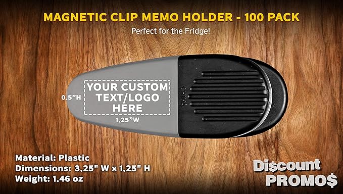 100 Magnetic Memo Holders Set - Customizable Text, Logo - Large Clip, Plastic - Silver Black