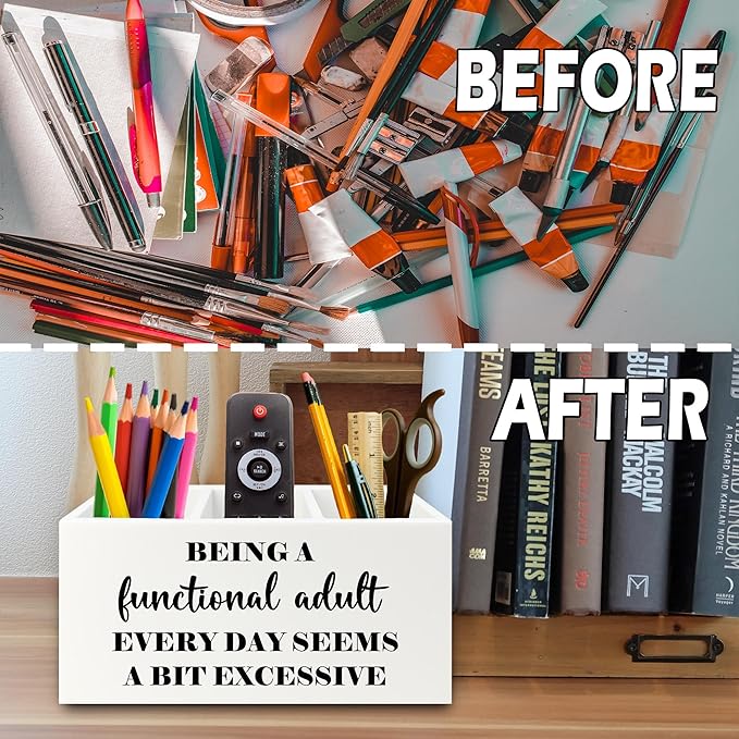 XPH Funny Pen Pencil Holder Organizer for Desk, Sarcastic Gifts for Women Men Coworkers, Adult Humor Gifts, Being a Functional Adult Funny Wooden Box Sign for Home Office Desk Tabletop Decorations