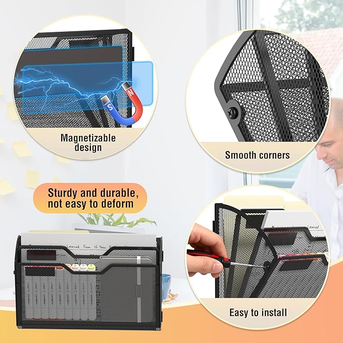 Docnest 3 Tier 3 Pack Magnetic Wall Mounted File Holders,Mesh Letter Organizer, Magnetic Hanging Mail Paper Document Organizer for Office, Home, School, Black