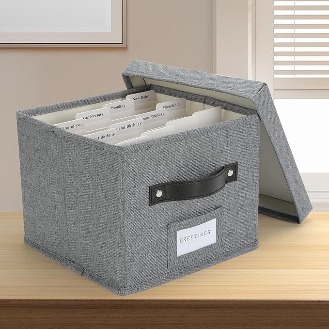 TARSUKA Greeting Card Organizer with dividers - Storage Box with lid Holds 150+ Cards - Assortment Box for Greeting Cards,Recipes, Photos, Envelopes, Keepsake - 9 x 9 x 7 Inches (Gray, 2 pcs)