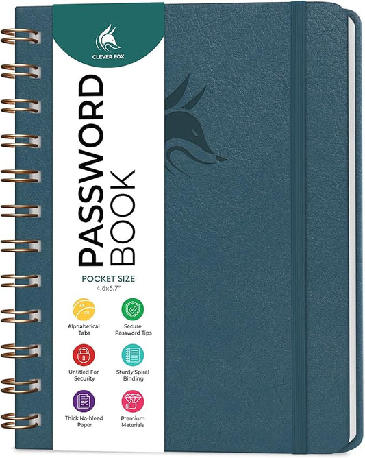 Clever Fox Password Book Spiral – Mini Internet Address & Password Organizer with Laminated Alphabetical Tabs – Small Password Keeper Journal – Hardcover, Pocket Size, 4.7x5.7” (Deep Sea)