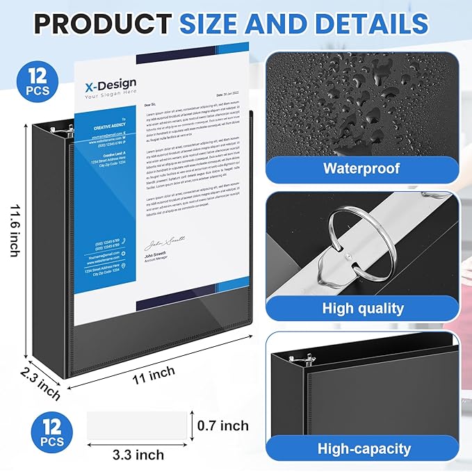 Henoyso 12 Pcs 3 Ring 2 Inch Binders Fits 8.5 x 11 Inch Letter Size Paper, Plastic Black Flexible Binders with View Cover and 2 Pockets, 375 Sheets Capacity for Office School