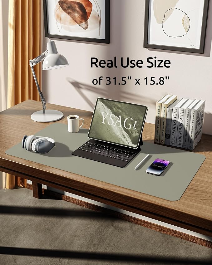 YSAGi Leather Desk Pad Protector, Office Desk Mat, Large Mouse Pad, Non-Slip PU Leather Desk Blotter, Laptop Desk Pad, Waterproof Desk Writing Pad for Office and Home (Olive Beige, 31.5" x 15.8")