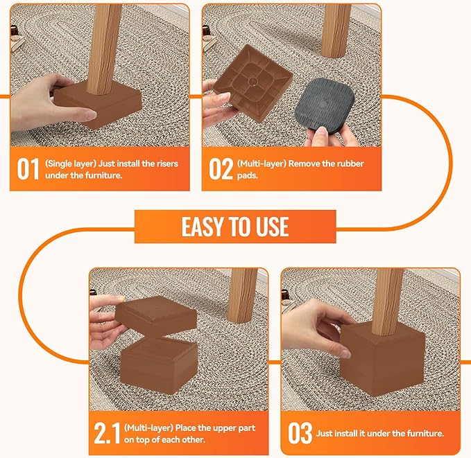 shouwuhho Furniture Risers, 4 Pack Bed Risers with Non-Slip Grip and Heavy Duty Support, 1 Inch 2 Inch 3 Inch 4 Inch Height Lift for Couch, Sofa, Table, Desk, Chair, Refrigerator - Brown, 1 Inch