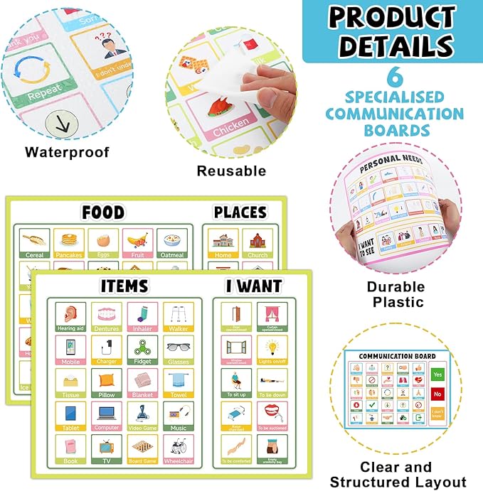 6Pcs Communication Board for Non Verbal Adults Picture Symbol Communication Cards Speech Therapy Tools for Autism Toddlers Kids Aphasia Stroke Patients Hospital Care Home Use Talking Placemats