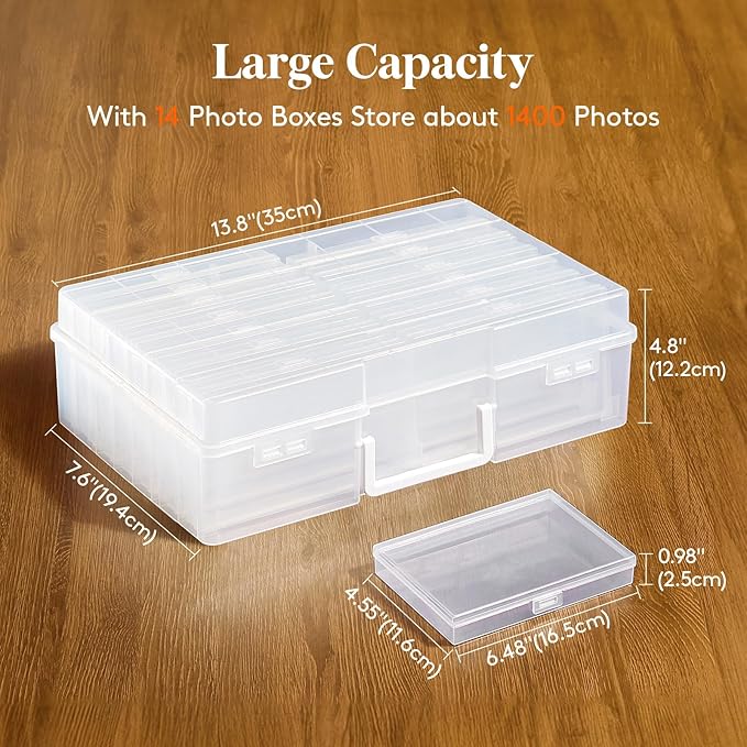Lifewit 4x6 Photo Storage Box, 14 pcs Inner Photo Case with Lids, Clear Photo Organizers with 1 Sheet Label Sticker, Plastic Craft Storage Box for Seeds Sticker Cards Pictures Stamps Office Supplies