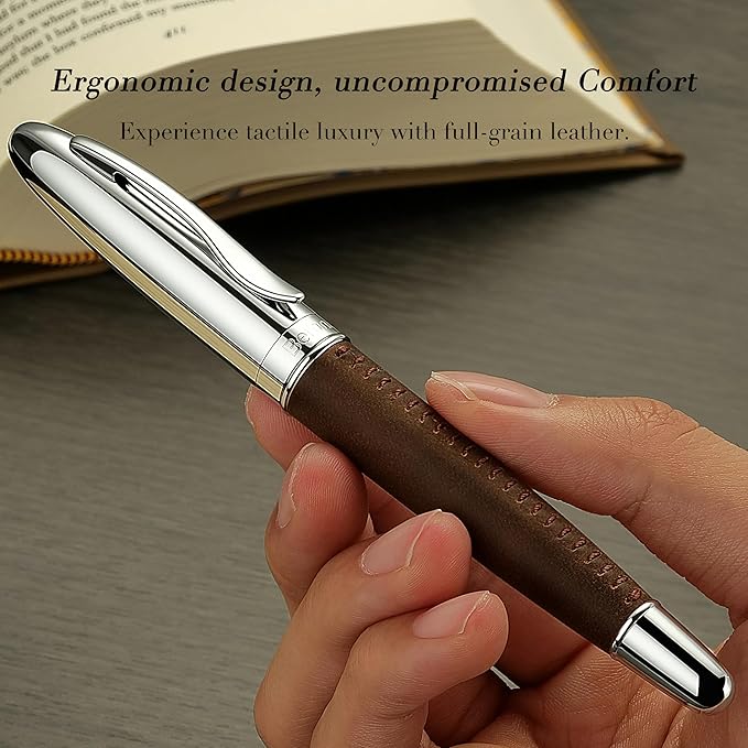 BEILUNER 318 Luxury Leather Pen, Full Grain Oil Tan Crazy Horse Cowhide Leather, Chrome-Plated Finish, Schmidt Ink Refill, Best Rollerball Pen Gift for Men & Women,Executive, Professional, Nice Pens