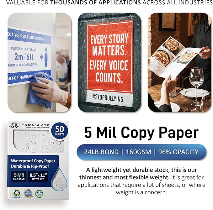 TerraSlate Waterproof Paper, 5 MIL 8.5” x 11”, Laser Printer & Copy Machine Compatible, Durable & Rain/Weather-Proof Copy Paper, White Paper (50 Sheets)