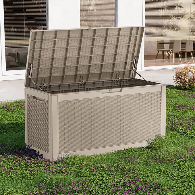 EasyUp 120 Gallon Deck Boxes Waterproof, Outdoor Large Storage Boxes with Lids, Outside Resin Storage Box & Deck Boxes for Patio, Garden Use（Gray）