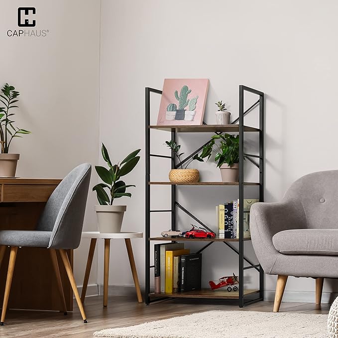 CAPHAUS 4 Tier Bookshelf, 24 Inch Width Free Standing Shelf, Bookcase Shelf Storage Organizer, Industrial Book Shelves for Home Office, Living Room, Kitchen, Rustic Oak Vintage Shelves & Metal Frame