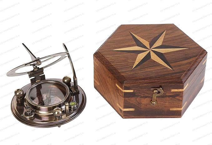 US HANDICRAFTS Vintage Brass Sundial Compass – Engraved Navigation Instrument with Wooden Case & Calendar – Baptism Gift for Son, Loved Ones, Camping & Hiking