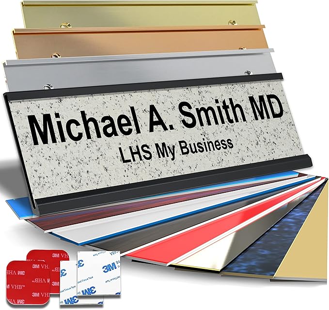 Custom Name Plate with Choice of Mounting for Walls, Doors, Cubicles, Hanging and More - Personalized Solarious Stone Plastic Black Letters - USA Made 2x10 - S3