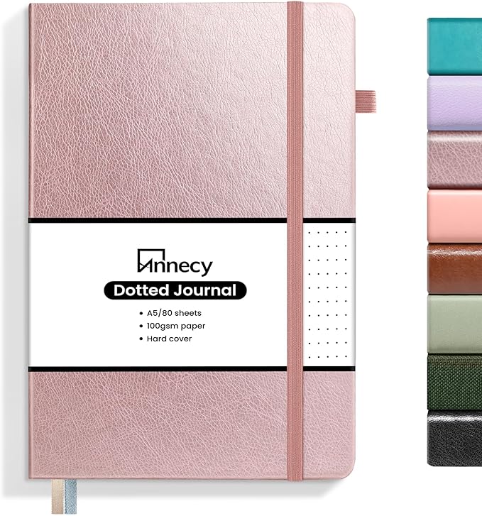 Annecy Numbered Bullet Dotted Journal Notebook, Medium 5.5x 8.25, 160 Pages 100GSM Writing Paper, A5 Rose Gold Faux Leather Cover with Pen Loop