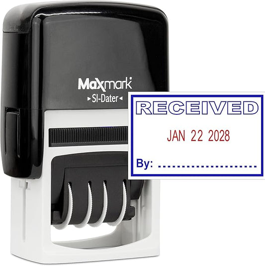 MaxMark Office Self Inking Date Stamp with Phrase Received - 2 Color Blue/Red Ink