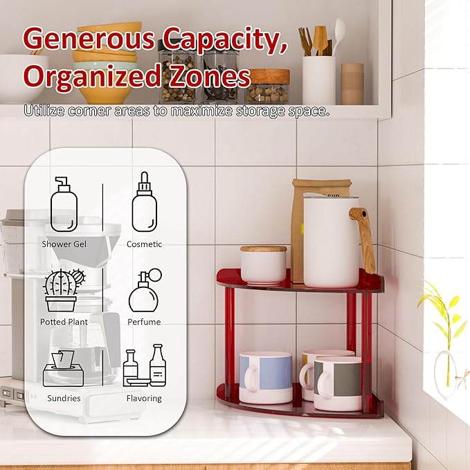 Sezanrpt 2 Tier Acrylic Corner Shelf Organizer Storage 9.5x9.5x8 Inch, Red Countertop Corner Shelf for Bathroom, Kitchen, Bedroom, Office, Study Room
