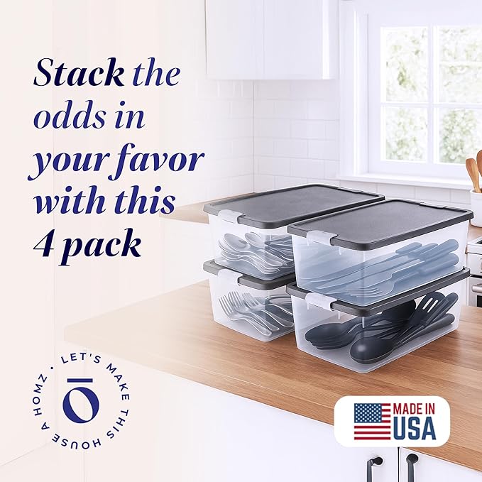 HOMZ 4-Pack Secure Latch, Clear Plastic Storage Organizer Bins, 15 Quart, Gray Lid - Stackable Container Boxes for Bedroom, Bathroom, Garage, and Office Organization