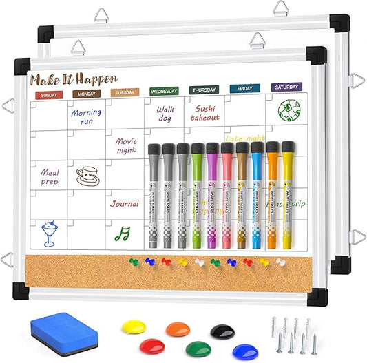 Monthly Dry Erase Board and Cork Board Combo for Wall, 17"x13" Reversible Hanging Dry Erase Board, Double Sided White Board with Aluminum Frame for Planning, Office, Kitchen, School, Home