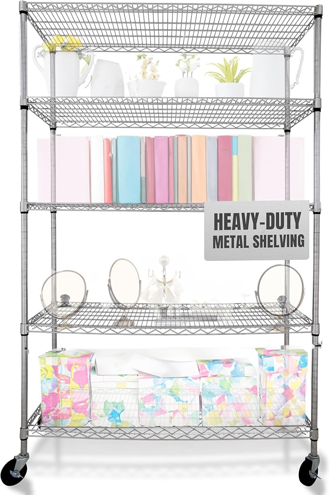 4000 LBS Heavy Duty Wire Rack 48 x 18 x 76, 5-Tier NSF Commercial Rolling Rack with Wheels, Chrome Metal Shelving Unit for Garage, Kitchen, Warehouse, Adjustable Storage Shelf, Crescent
