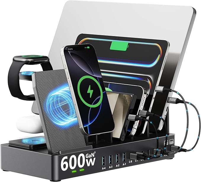 600w Charging Station for Multiple Devices, 15 in 1 Wireless Charging Station for Apple, Dual 100w USB C Tablet Charging Station for MacBook,iPhone,iPad,Tablet(Black)