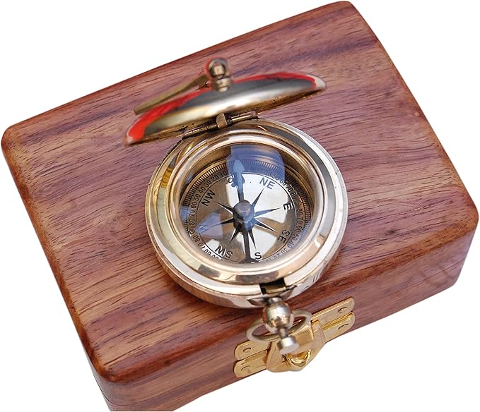 Bazross Brass Nautical Compass with Wooden Case - Antique Brass & Copper Sun Clock for Camping, Hiking, Touring - Engraved Gift for Him - Nautical Clock - Compass Gift