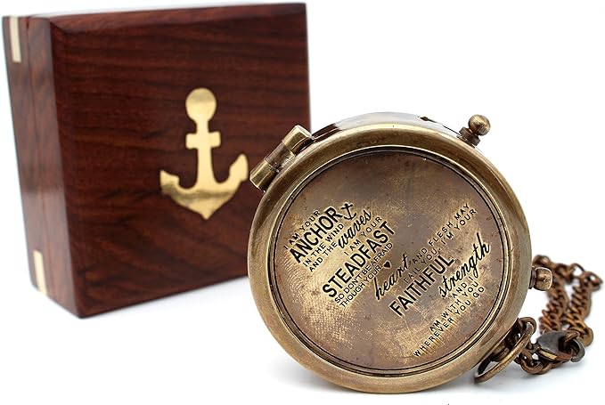 US HANDICRAFTS I Am Your Anchor, Faithful, Strength Engraved Brass Compass | Portable Sentimental Son Birthday, Graduation, Confirmation, & Baptism Gift with Wooden Box and & Chain