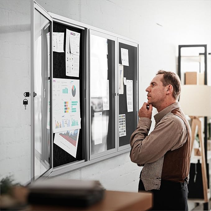 72"x36" Lockable Enclosed Bulletin Board, Outdoor Flet Weather-Resistant Aluminum Frame Notice Board, Wall Mounted Display Case Acrylic Doors for School,Office,Silver Frame w/Black Flet