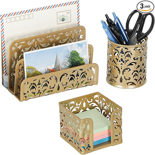 EasyPAG Desk Organizers and Accessories 3 Pieces Office Organizer Set - Pen Holder for Desk, Mail Sorter Countertop and Sticky Note Holder, Gold