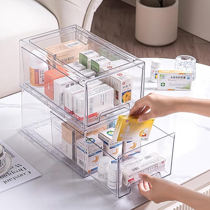 Sgoostood 2 Pack Stackable Organizer Drawers, Clear Desk Storage Box,Transparent Drawer in Home, Office and Kitchen Pull Out Organizer Bins for Make Up, Pen, Desktop Stationary (2Extra Large)