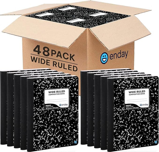 Emraw Composition Notebooks (48 Pack) Wide Ruled Paper Bulk, Hard Cover Composition Notebook, Lined Composition Books, 200 Pages (100 Sheets), Wide Ruled Notebook, (Black Marble)