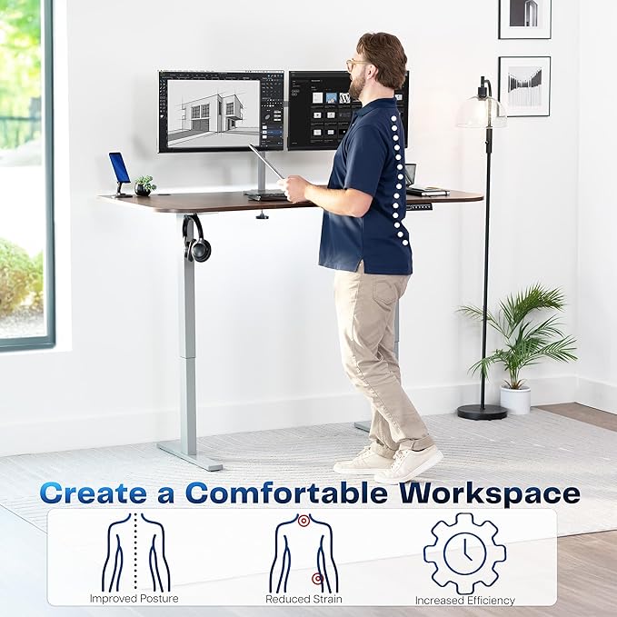 VIVO Electric 63 x 32 in Standing Desk, Memory Height Adjustment, 1B Series, Holds 220 lbs, Dark Walnut Top Gray Frame, DESK-KIT-1G1D