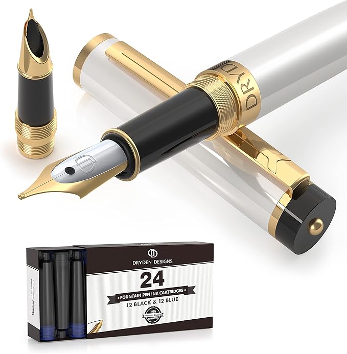 Dryden Designs Fountain Pen - Medium and Fine Nibs | Includes 24 Ink Cartridges and Ink Refill Converter | Calligraphy Pen, Consistent Writing, Smooth Flow - Pearl White.