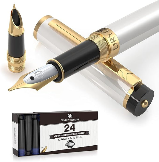 Dryden Designs Fountain Pen - Medium and Fine Nibs | Includes 24 Ink Cartridges and Ink Refill Converter | Calligraphy Pen, Consistent Writing, Smooth Flow - Pearl White.