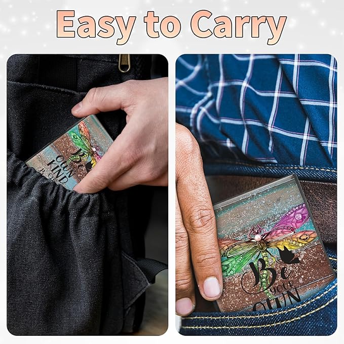 BWEGRHE Slim Credit Card Holder, Dragonfly Glitter Wood RFID Blocking Metal Wallet for Men & Women, Aluminum Minimalist Hard Case Pocket-Sized Business Cards Organizer (Fits Up to 10 Cards)