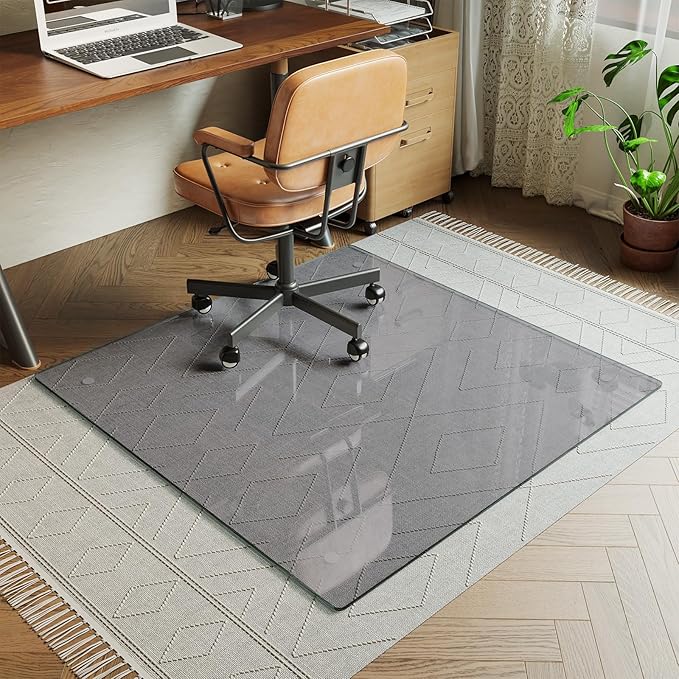Koonmi Tempered Glass Chair Mat for Hardwood Floors & Carpets, 46" x 46“ Grey Heavy Duty Office Floor Protector, Scratch & Dust Concealing, Noise-Free for Home Office Desk