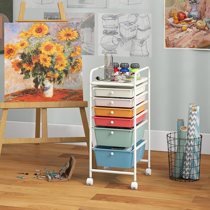 Giantex 6 Storage Drawer Cart Rolling Organizer Cart for Tools Scrapbook Paper Home Office School Multipurpose Mobile Utility Cart (Macaron)