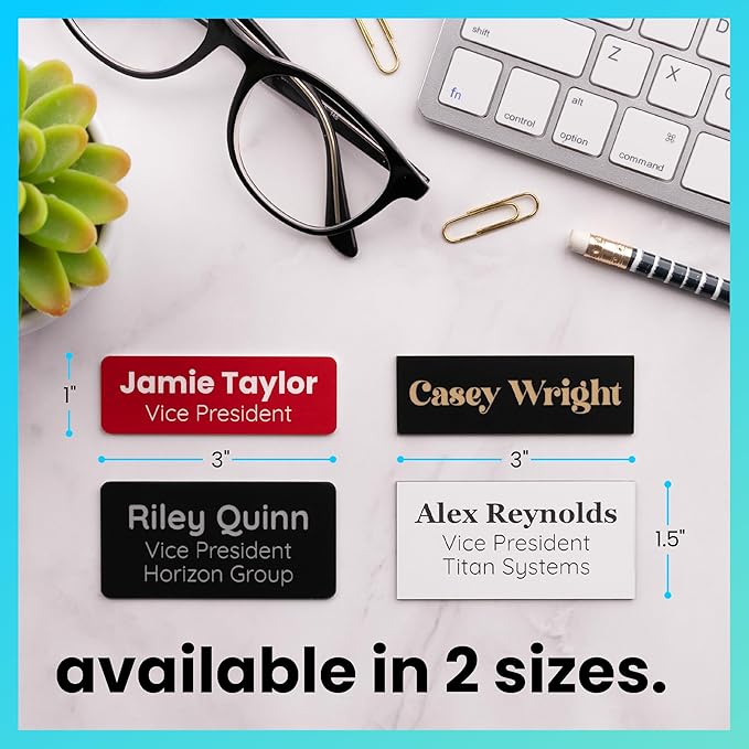 ExcelMark Custom Name Tag - Engraved Name Badge with Pin or Magnetic Backing, 16 Colors, 6 Fonts, and 2 Sizes to Choose from (White w/Red Letters, 1.5"x 3")