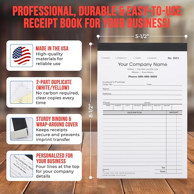 CH Printco Custom Sales, Invoice, Statement, Estimate, Quote, Personalized Multipurpose Duplicate Carbonless Form with Your Company Name - 2 Books (100 Sets) 5-1/2" Wide x 8-1/2" Tall.