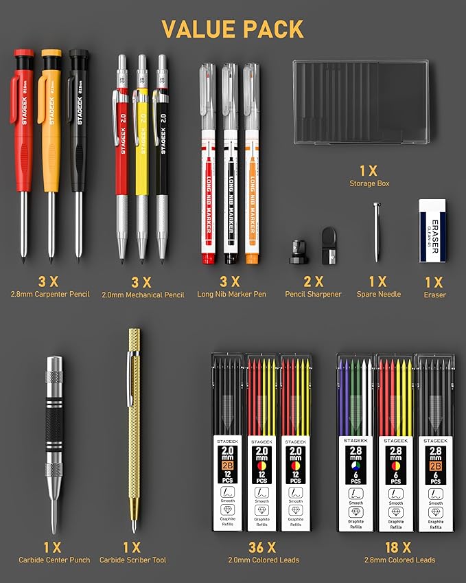 STAGEEK 22 Pack Carpenter Pencil Set with Sharpener, Mechanical Carpenter Pencils with 60 Refills, Deep Hole Long-Nib Marker Pens, Carbide Scribe Tool & Construction Pencils for Architect with Case