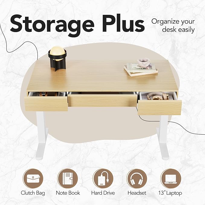 HUANUO 48 Inch Standing Desk with Drawers, Electric Adjustable Height Stand Up Desk with Storage, Whole-Piece Board Computer Workstation for Home Office, Light Walnut