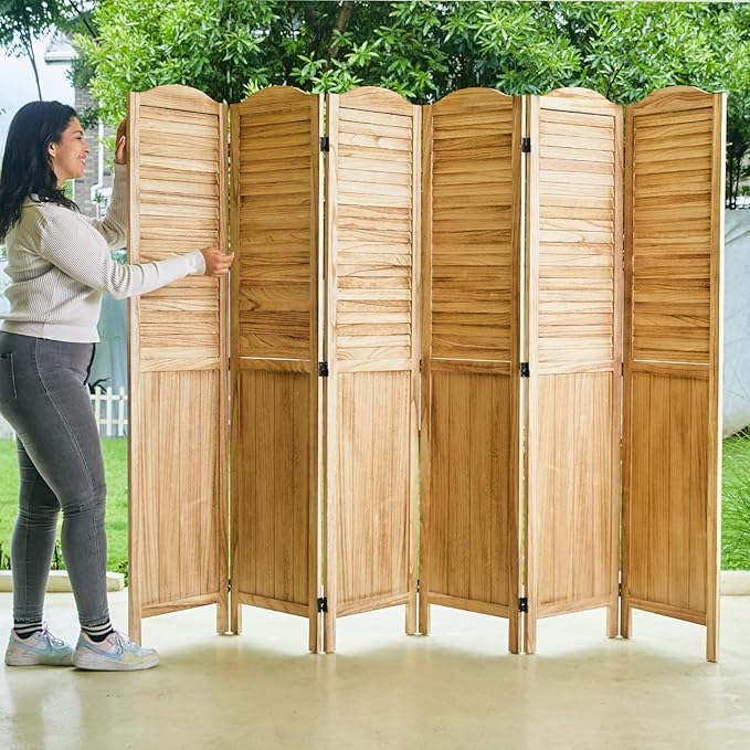 Room Dividers, 5.75Ft Individual Privacy Screens Foldable Wooden Louver & MDF Stable Wall Divider for Home Office Bedroom, 6 Panels (Natural)