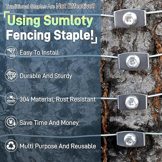 Sumloty 200-Pack 304 Stainless Steel Fence Staples, 1.6 Inch Reusable Fence Screw Nails for Wire Mesh and Woven Fencing, Easy Install with Power Drill