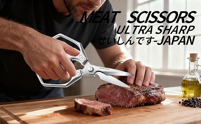 Kitchen Scissors Silver - Stainless Steel Shear, Sharp Meat Cutting Scissors Dishwasher Safe, Poultry Shears Heavy Duty, Japanese Cooking Scissor for Food, Christmas Gifts for Men Women