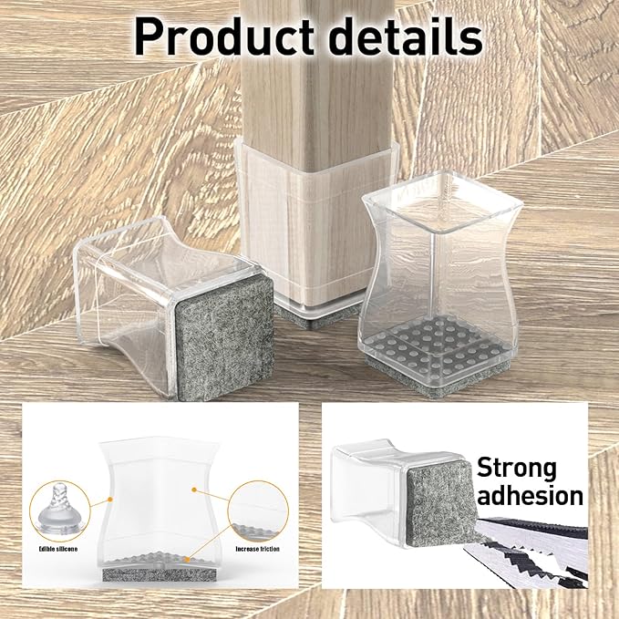 Clear Square Chair Leg Protector for Hardwood Floors, 16Pcs Silicone Furniture Legs Caps to Prevent Floor from Scratches and Reduce Noise, Easy to Move(1 1/4 Inch)