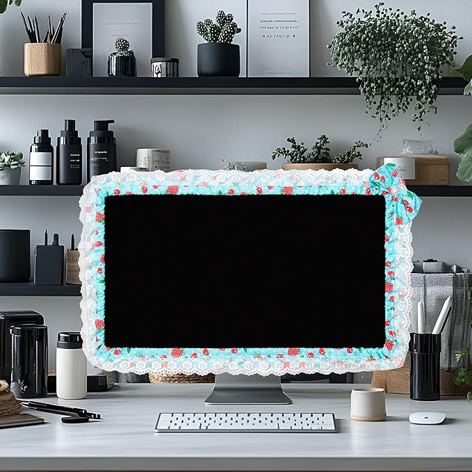 Kingshion 24-inch Cute Lace Fabric Monitor Cover with Elastic Pen Pocket & Bow-knot Design, Dust Protector for Computer/TV/LCD Screens - Blue