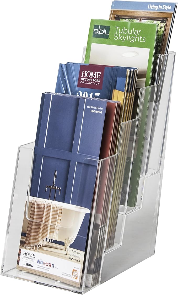 Clear-Ad - LHF-S104 - Acrylic Slant Back 4 Tier Trifold Brochure Display - Plastic Literature Holder for Flyers, Booklets, Bills, Mail, Letters, Cards, Pamphlets, Maps (Pack of 4)
