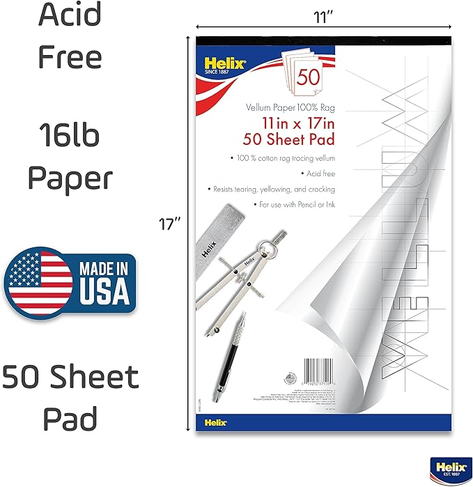 Helix - 100% Rag Vellum Paper Pad - 11 Inch x 17 Inch - 50 Sheet Pad - Acid-Free - Drafting, Art, Sketching and Tracing