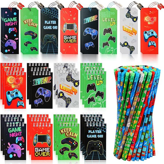 Kolewo4ever 148 Pieces Video Game Theme Stationery Set:100 Pcs Video Game Pencils 24 Pcs Game Pattern Mini Spiral Notepad Memo Pad 24 Pcs Game Metal Charms Bookmarks (Video Game)